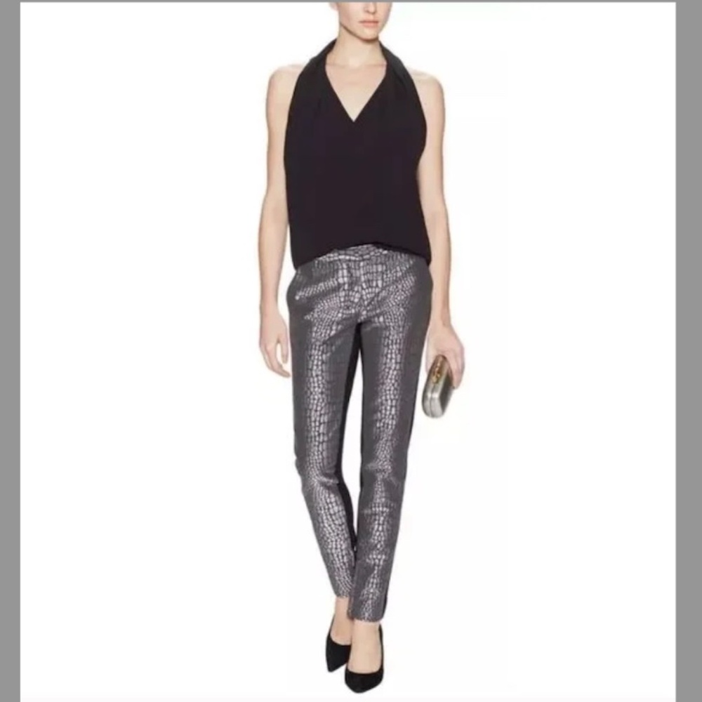 Diane Von Furstenberg Metallic Crocodile-Print Skinny Pants in Silver